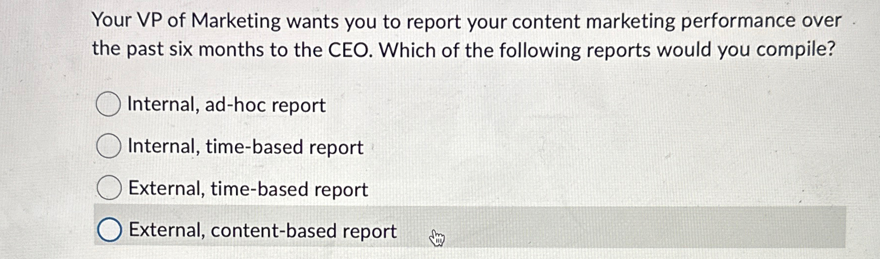 Solved Your VP of Marketing wants you to report your content | Chegg.com