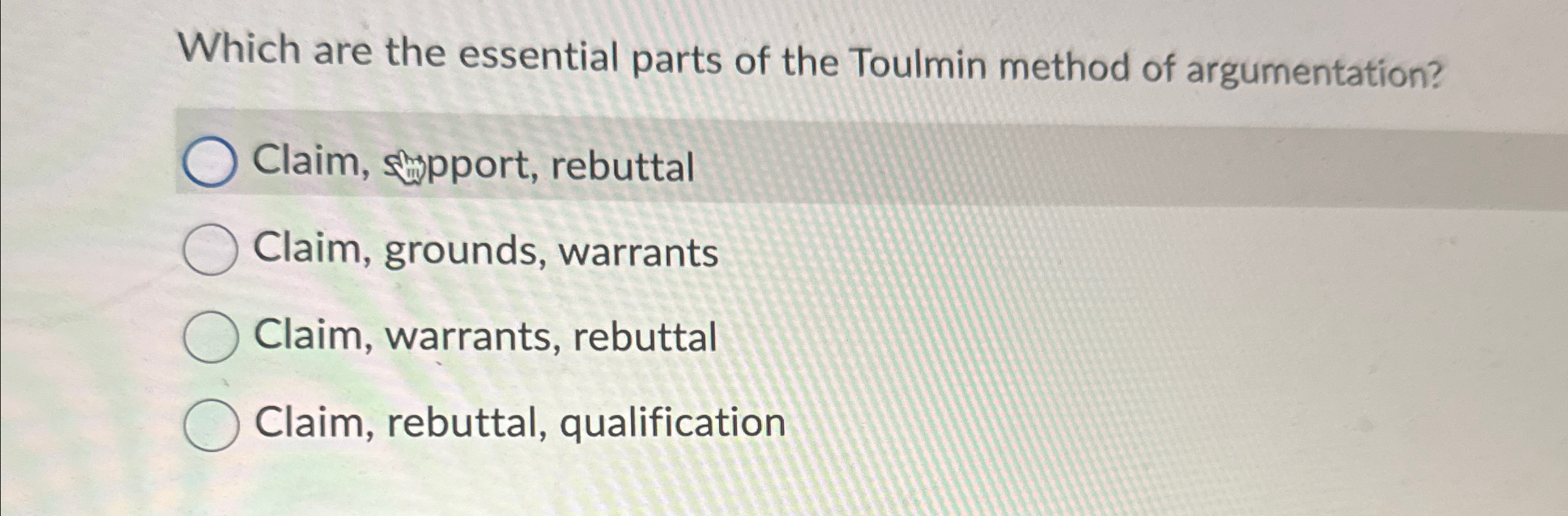 Solved Which are the essential parts of the Toulmin method | Chegg.com