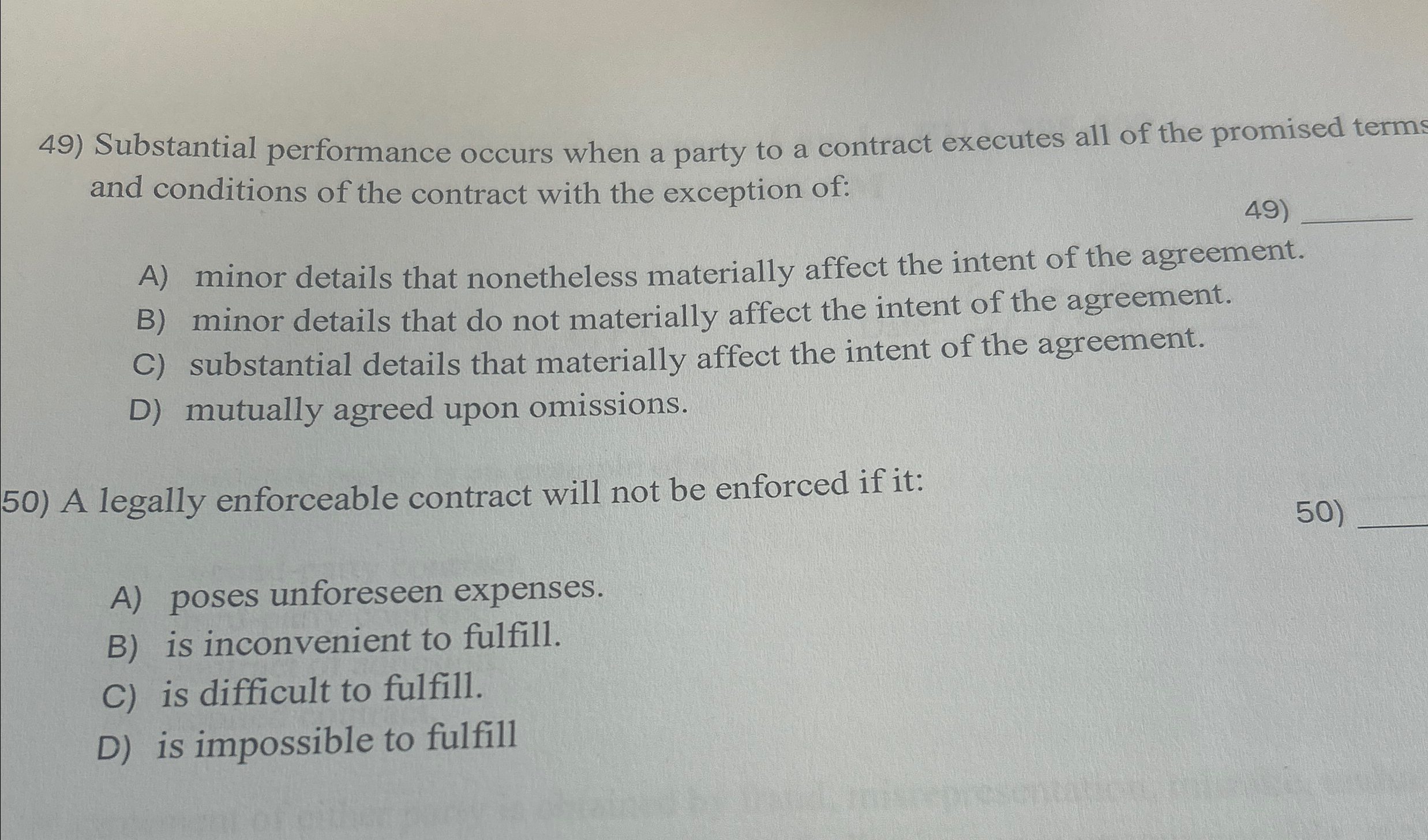 Solved Substantial performance occurs when a party to a | Chegg.com
