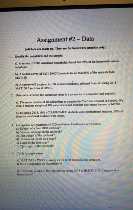 Solved Assignment #2 - Data (All data are made up. They are | Chegg.com