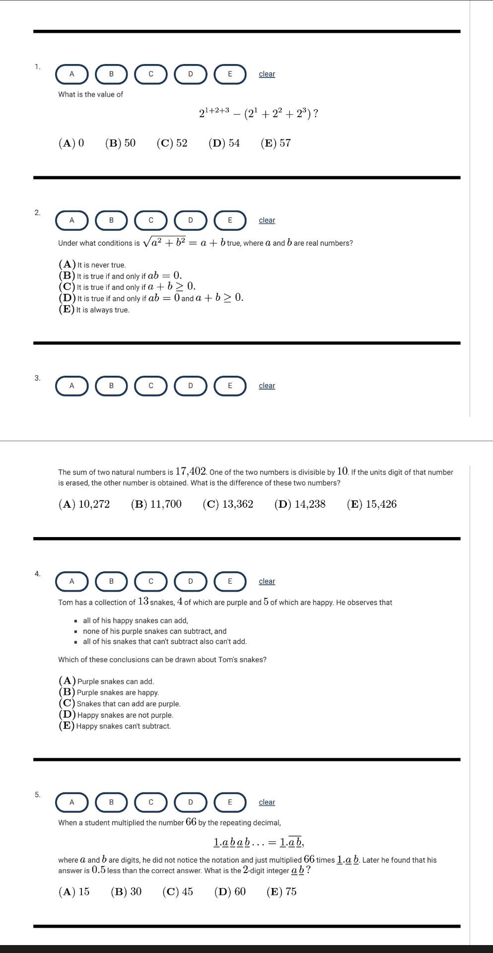 Solved 1. A B с D clear What is the value of 21+2+3 – (22 | Chegg.com