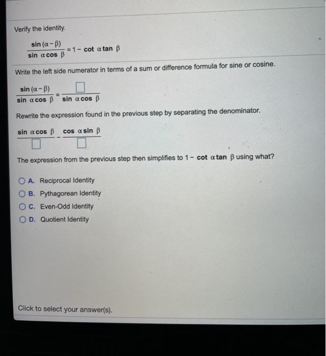 Solved Verify The Identity Sin (a - B) = 1 - Cot A Tan B Sin | Chegg.com