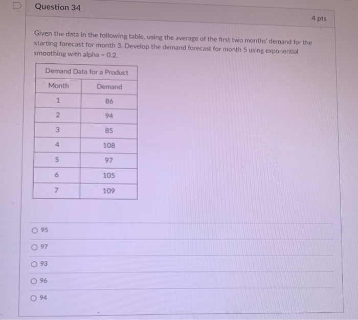 Solved Question 34 4 pts Given the data in the following | Chegg.com