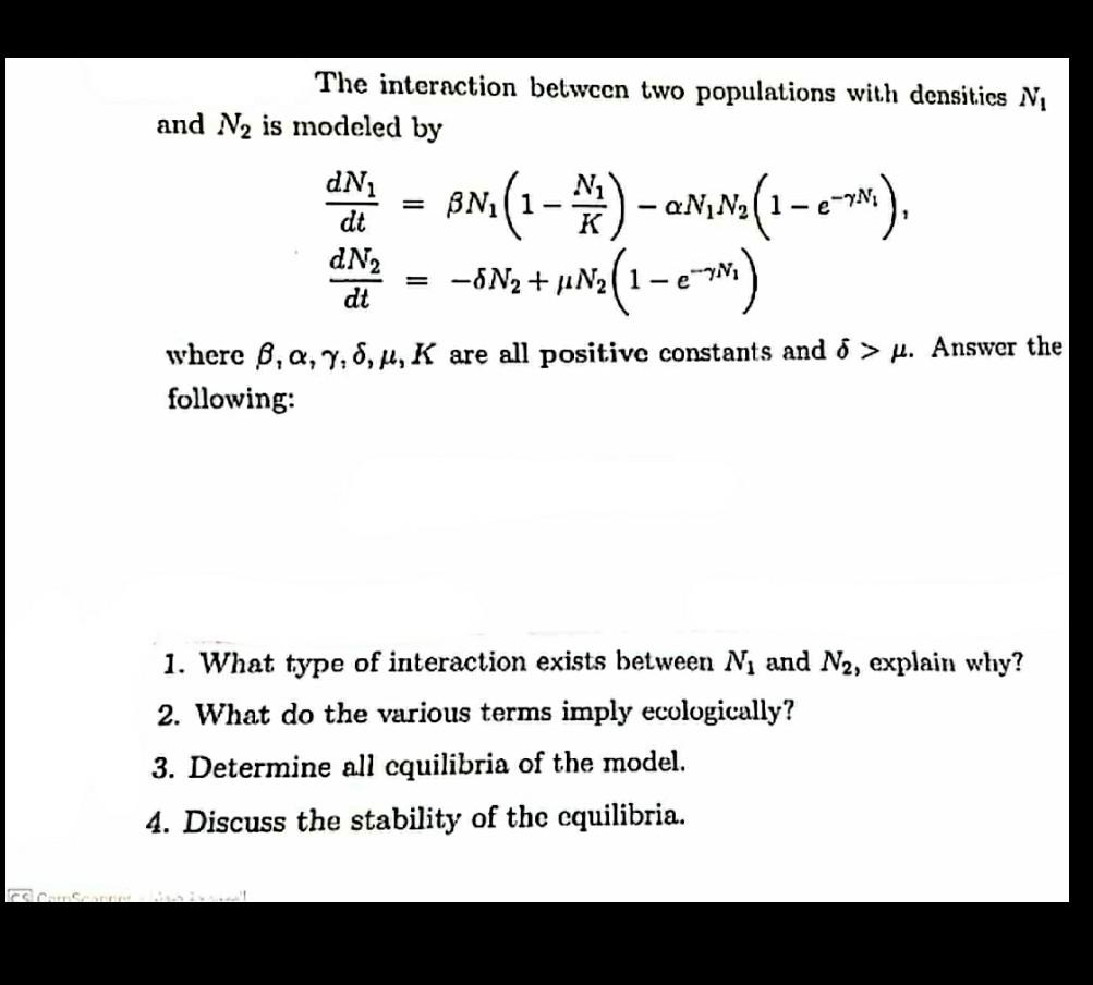 Solved The interaction between two populations with | Chegg.com