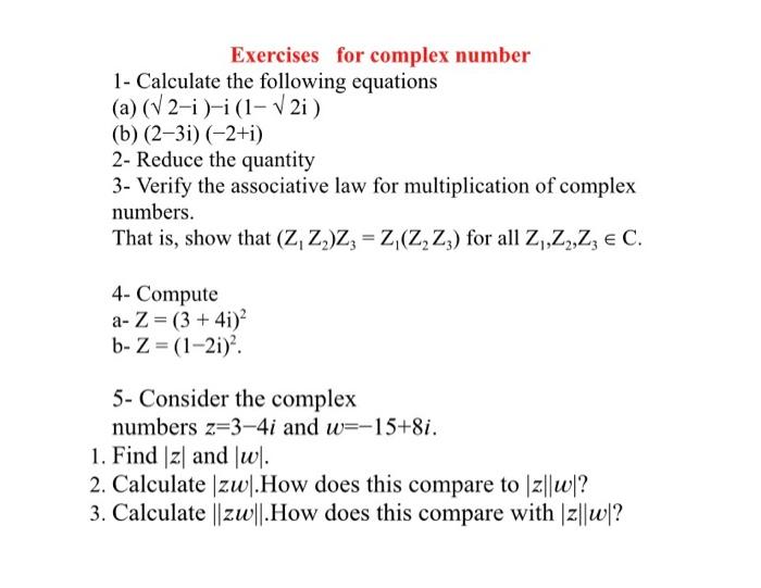 Solved Exercises For Complex Number 1 - Calculate The | Chegg.com