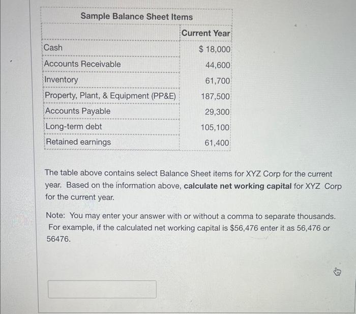 Solved The table above contains select Balance Sheet items | Chegg.com