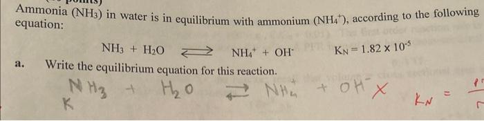 Solved Ammonia (NH3) in water is in equilibrium with | Chegg.com