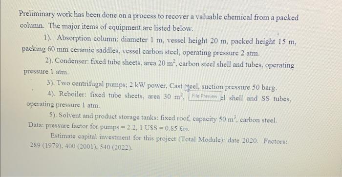 Solved Preliminary work has been done on a process to | Chegg.com