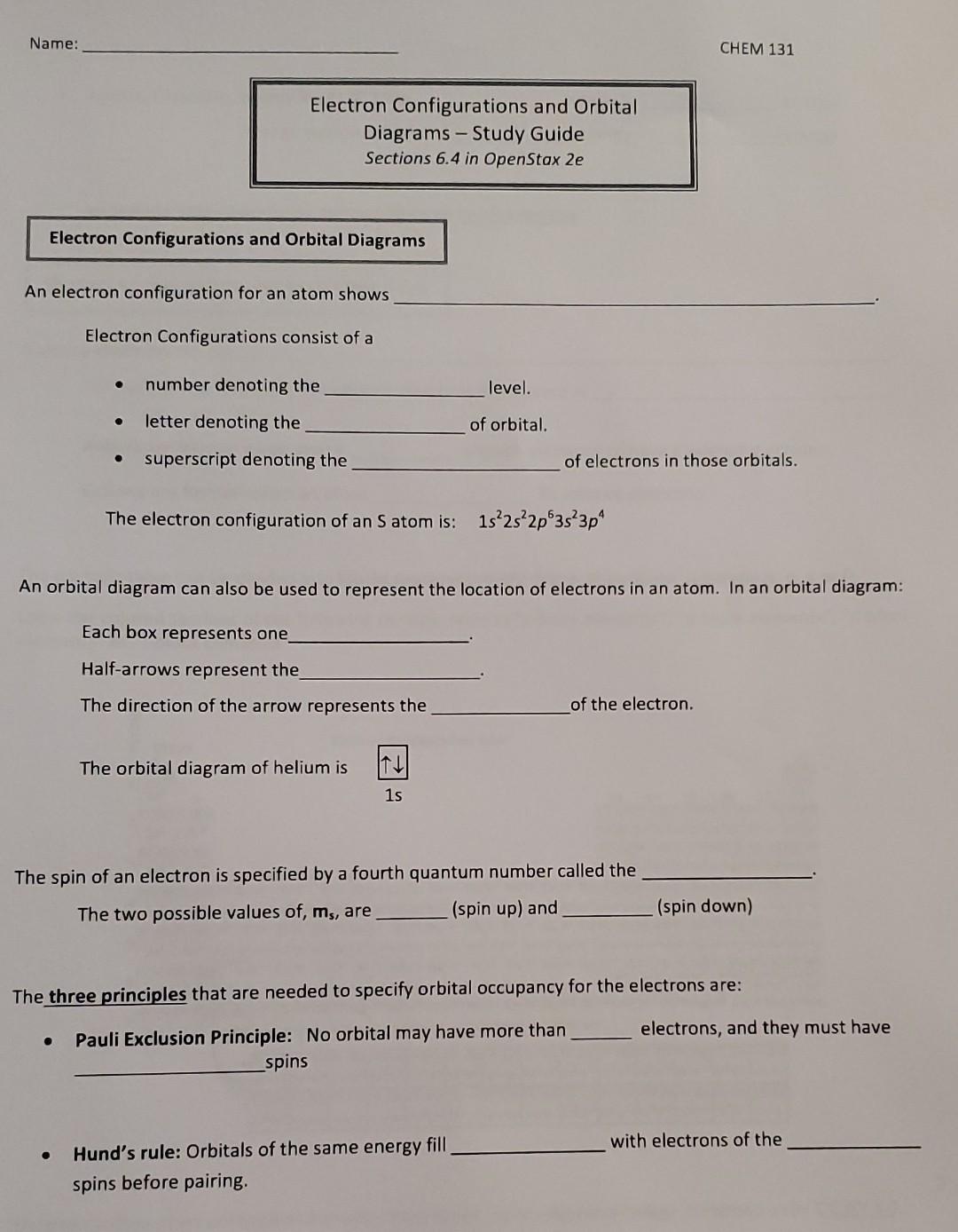 Solved Name: CHEM 131 Electron Configurations and Orbital | Chegg.com