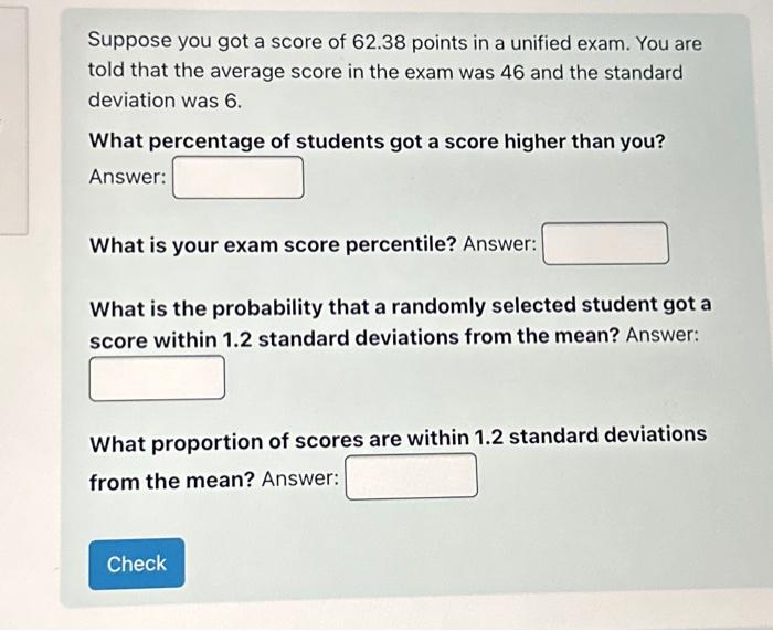 Solved Suppose you got a score of 62.38 points in a unified | Chegg.com