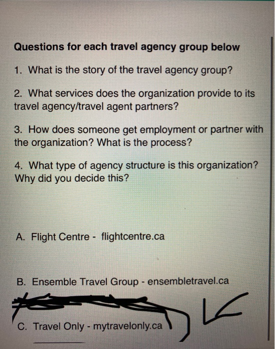Questions for each travel agency group below 1. What