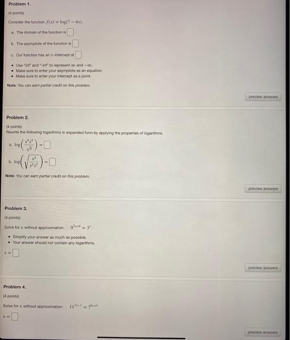Solved Problem 1. 14 points Consider the function () = log(7 | Chegg.com