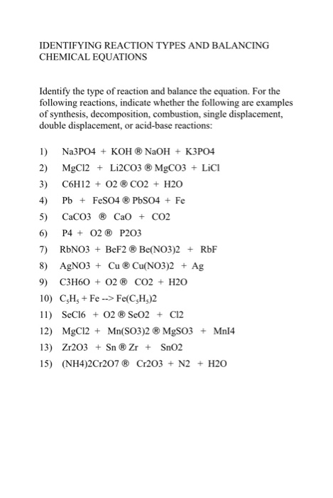 Solved IDENTIFYING REACTION TYPES AND BALANCING CHEMICAL | Chegg.com