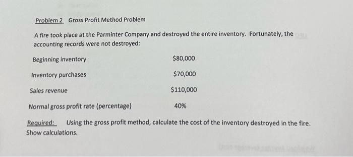 Solved Problem 2 Gross Profit Method Problem A fire took | Chegg.com