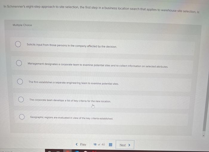 Solved In Schmenner's eight-step approach to site selection, | Chegg.com