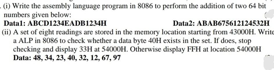 (i) Write the assembly language program in 8086 to | Chegg.com