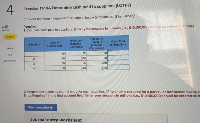Solved 4 Exercise 11-19A Determine cash paid to suppliers | Chegg.com