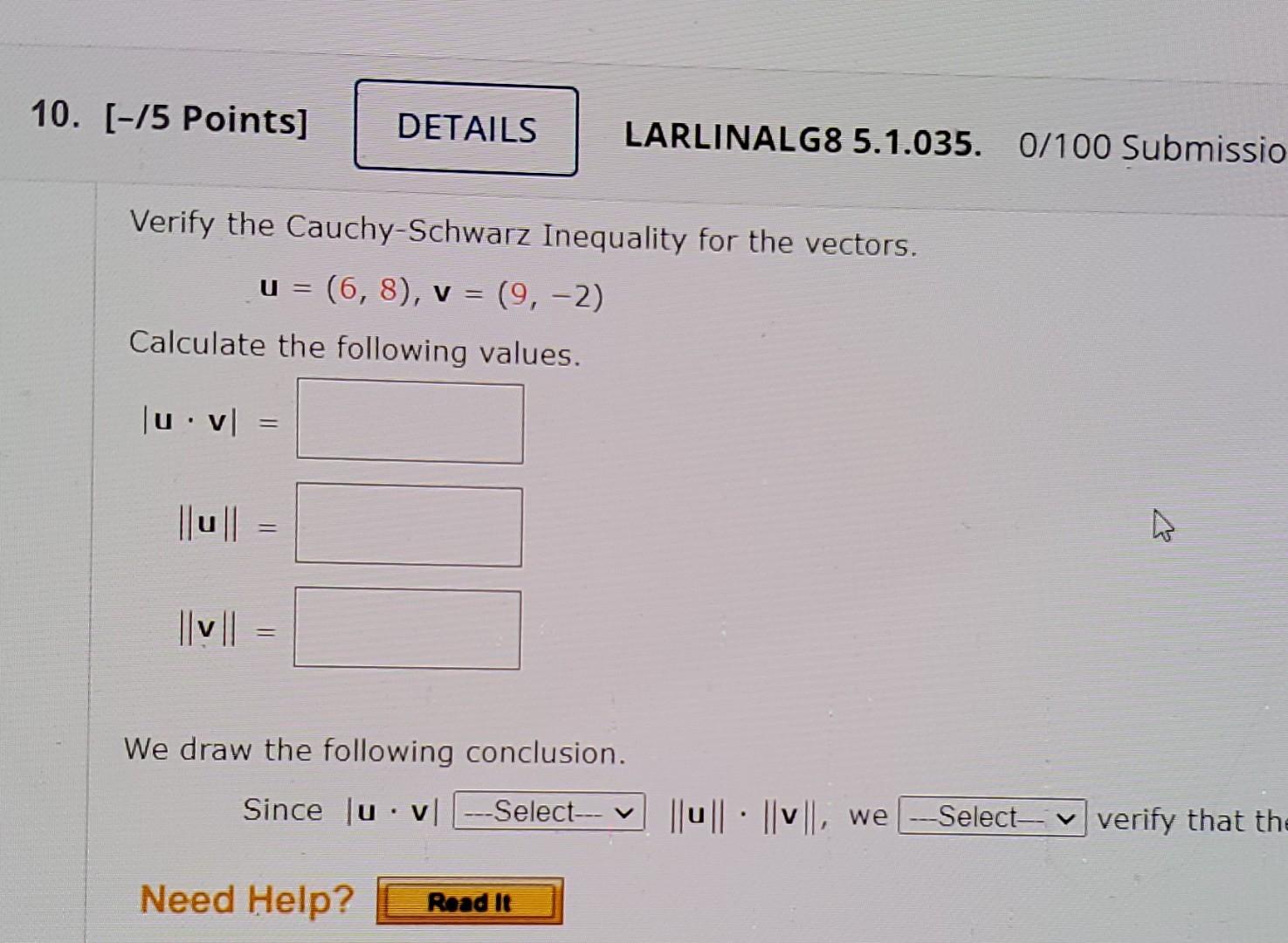 Solved 10. (-/5 Points] DETAILS LARLINALG8 5.1.035. 0/100 | Chegg.com