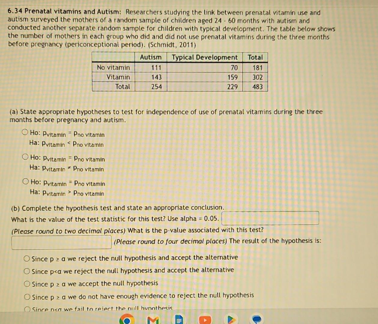 Solved 6.34 Prenatal vitamins and Autism Researchers