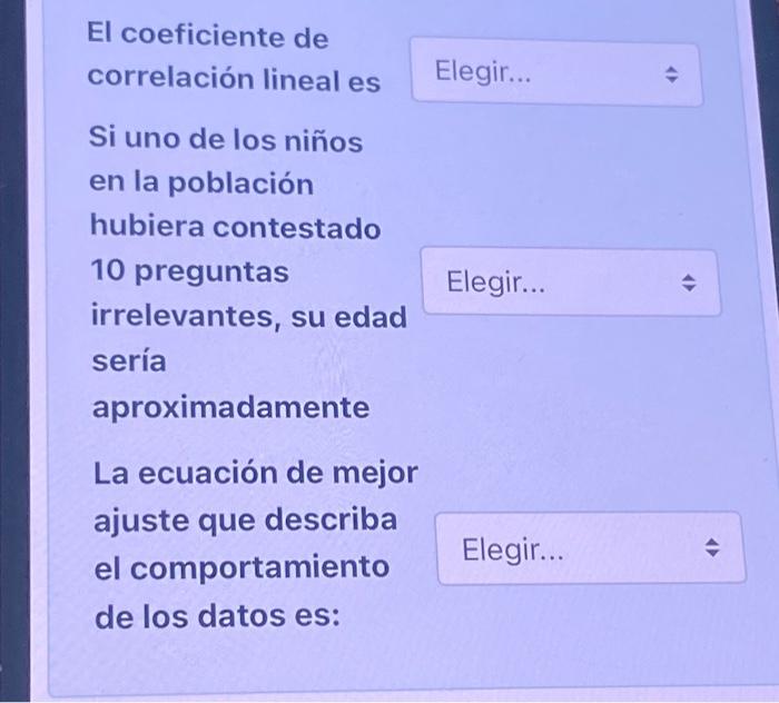 El coeficiente de correlación lineal es Si uno de los niños en la población hubiera contestado 10 preguntas irrelevantes, su