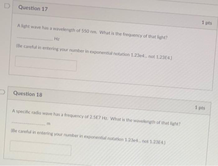 Solved Question 17 1 pts A light wave has a wavelength of | Chegg.com