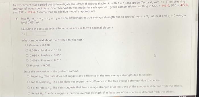 Solved An experiment was carried out to investigate the | Chegg.com