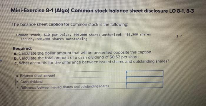 Solved Mini-Exercise 8-1 (Algo) Common stock balance sheet | Chegg.com