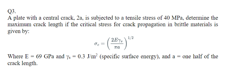 Solved Q3.A plate with a central crack, 2 ﻿a, ﻿is subjected | Chegg.com