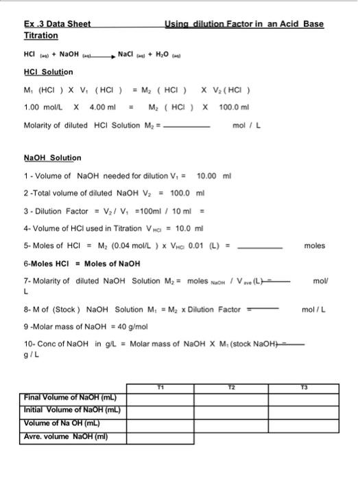 Solved Ex.3 Data Sheet Using dilution Factor in an Acid Base