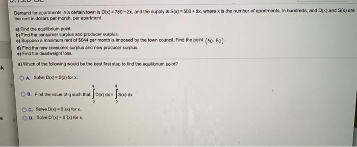 Solved Demand for apartments in a certain town is D(x) = | Chegg.com