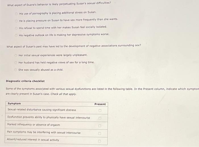Solved 1. Case study for sexual dysfunctions Susan Use Chegg