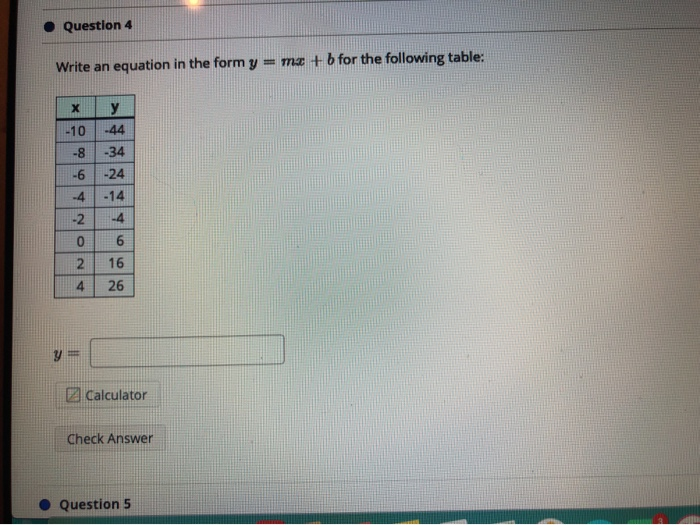 Solved Question 4 Write an equation in the form y = m + b | Chegg.com