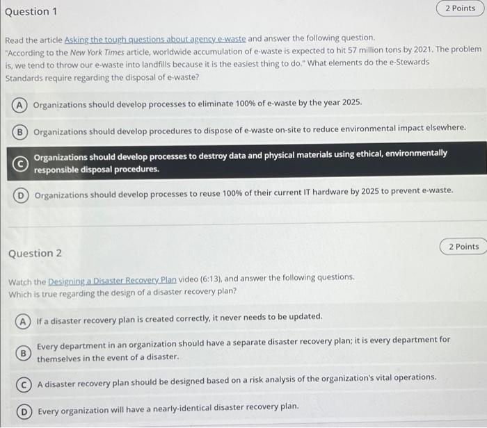 Solved 2 Points Question 1 Read the article Asking the tough | Chegg.com