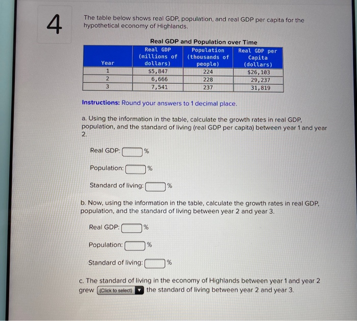 Solved 4 The Table Below Shows Real GDP, Population, And | Chegg.com