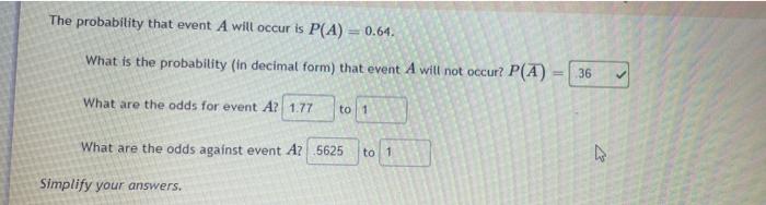 Solved The probability that event A will occur is P(A)=0.64. | Chegg.com