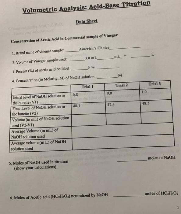 Solved Volumetric Analysis AcidBase Titration Data Sheet