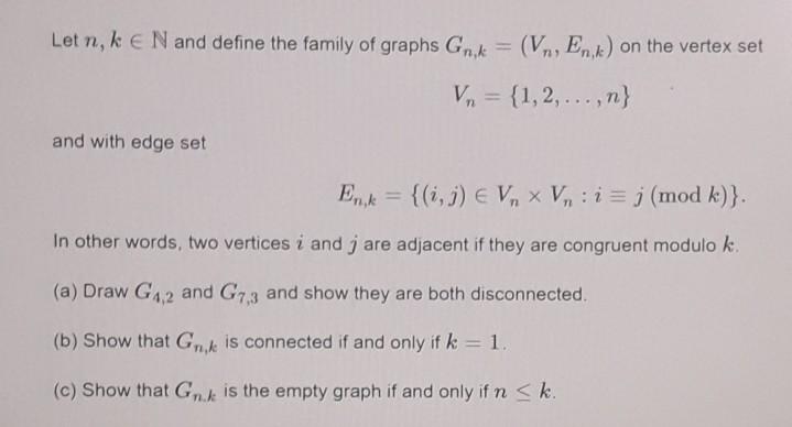 Solved Let N K E N And Define The Family Of Graphs Gnk Chegg Com