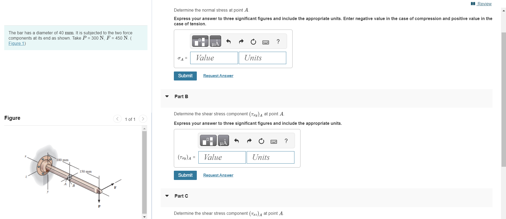 Solved Determine the normal stress at ﻿point A.The bar has a | Chegg.com