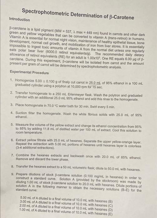 Solved Spectrophotometric Determination of BCarotene