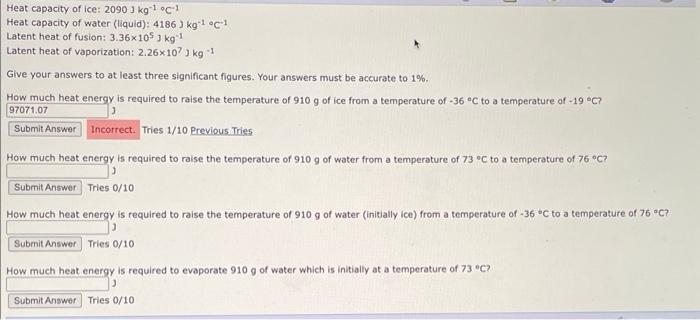 Solved Heat capacity of water (liquid): 4186 J kg−1∘C−1 | Chegg.com