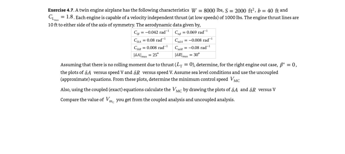 Solved Exercise 4.7. ﻿A twin engine airplane has the | Chegg.com
