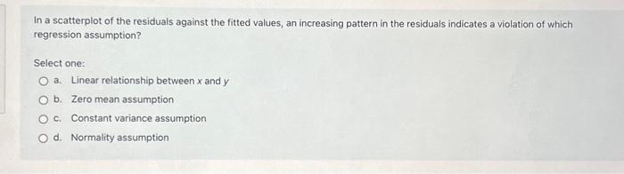 Solved In a scatterplot of the residuals against the fitted | Chegg.com