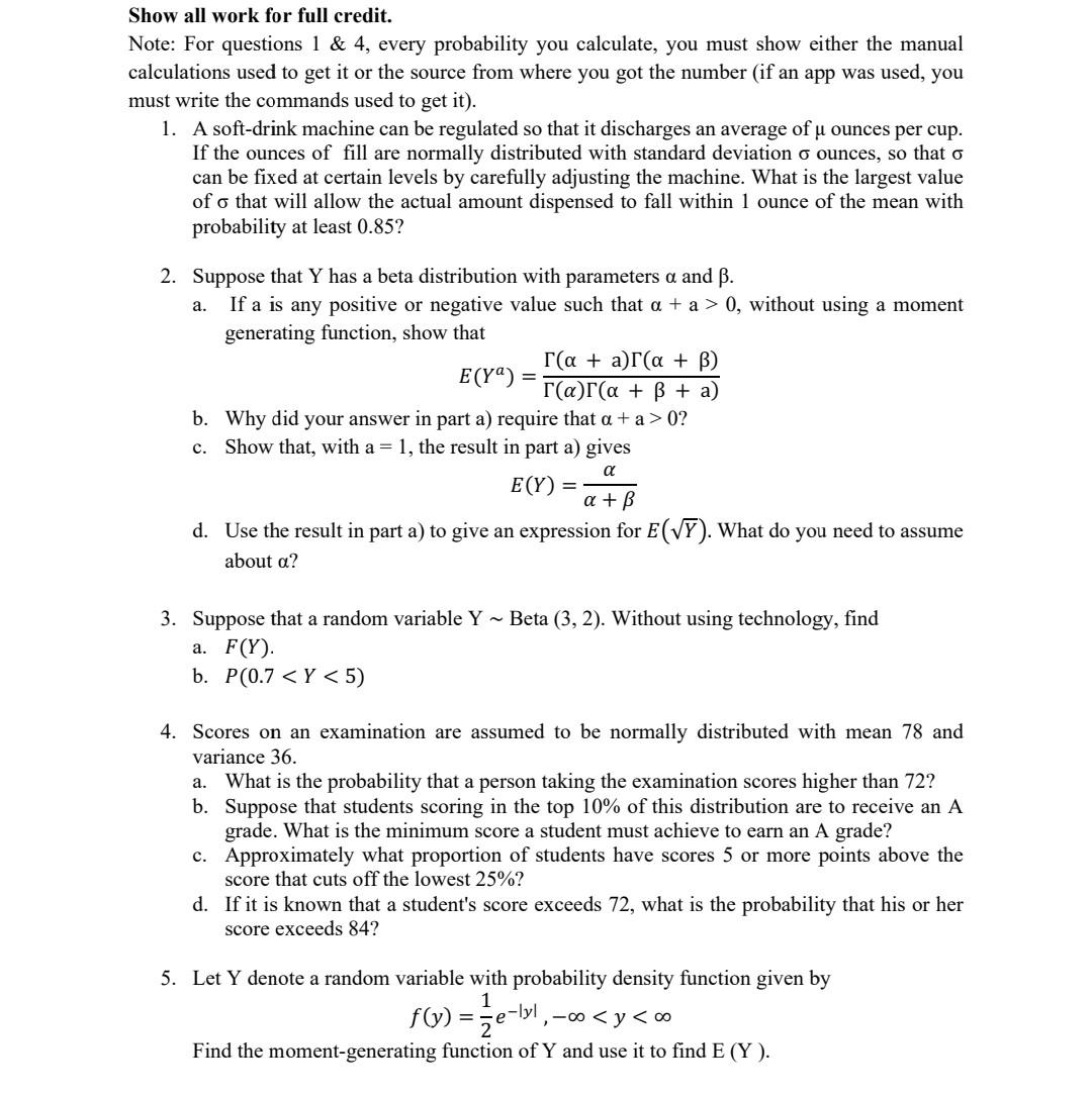Solved Show all work for full credit. Note: For questions 1 | Chegg.com