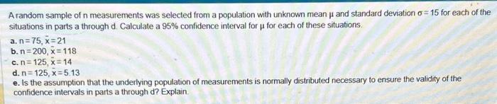 Solved A random sample of n measurements was selected from a | Chegg.com