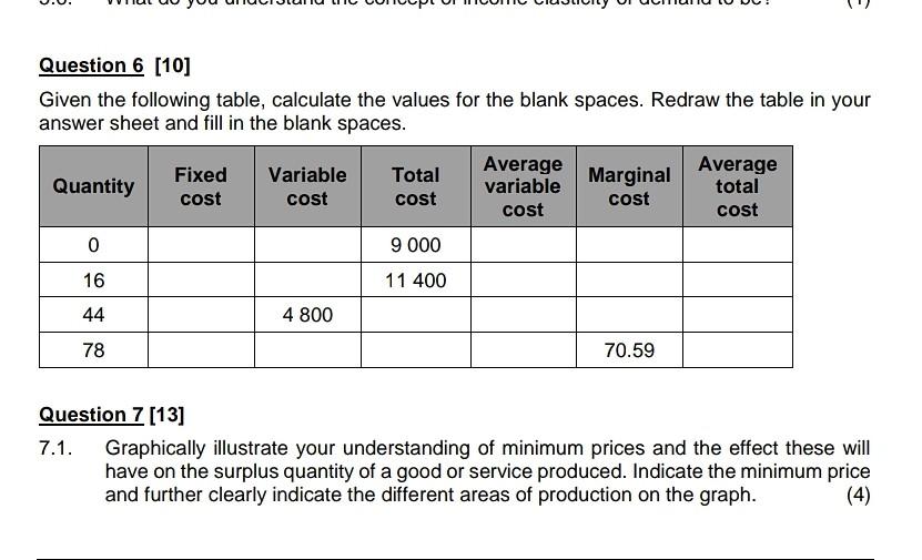 Solved Question 6 (10] Given the following table, calculate | Chegg.com