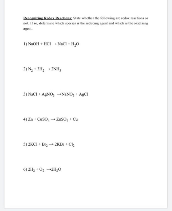 Solved Recognizing Redox Reactions: State whether the | Chegg.com