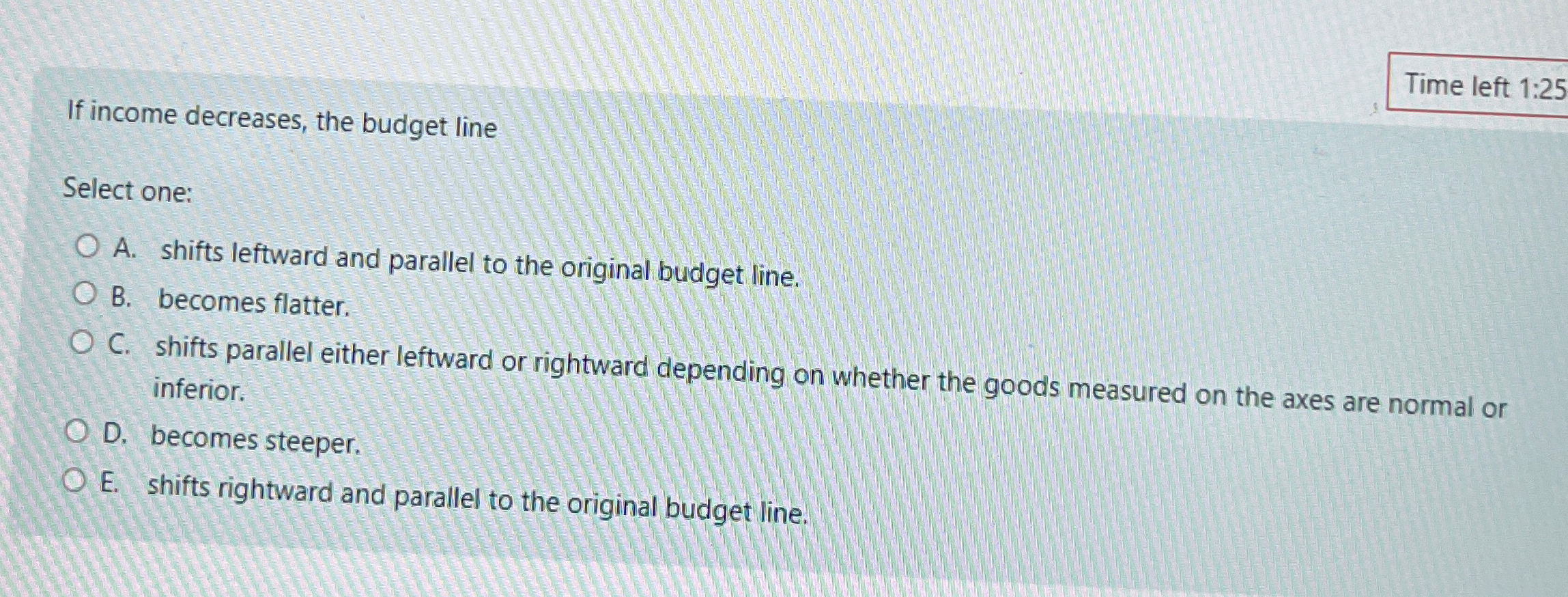 Solved Time left 1:25If income decreases, the budget | Chegg.com