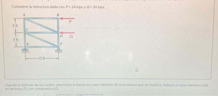 Considere la estructura dada con \( P=24 \) kips y \( Q=30 \) kips, Usando el método de los nodos, determine ła fuerza en ca