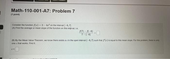 Solved Math-110-001-A7: Problem 7 (1 point) Consider the | Chegg.com