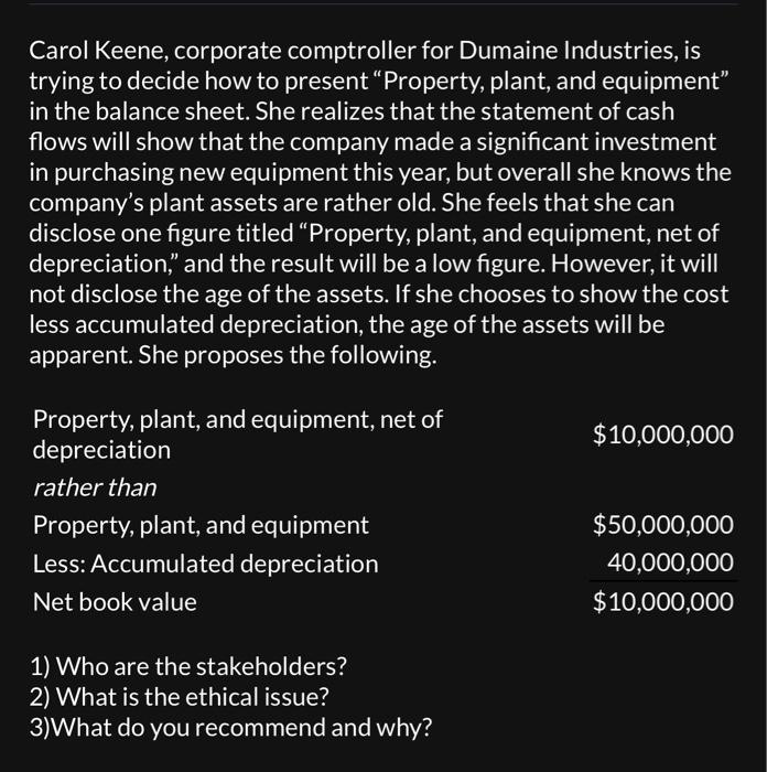 Solved Carol Keene, corporate comptroller for Dumaine